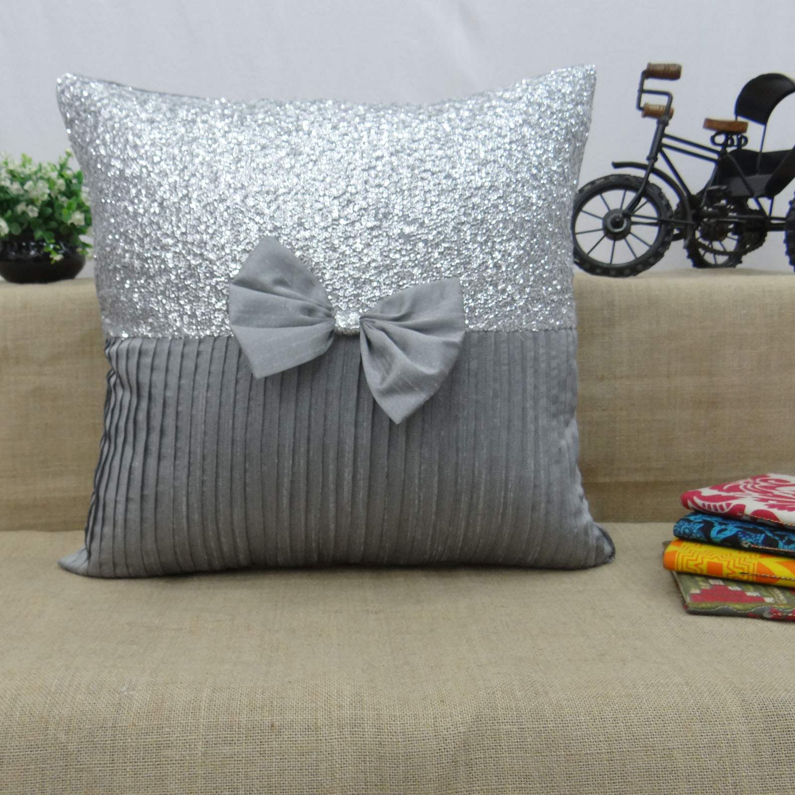 S4Sassy Federa Cuscino Quadrata 30x30 Cm In Seta Dupion Argento Con Paillettes | Cuscino Decorativo Con Cerniera