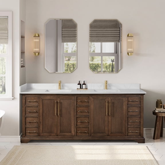 Tokyo 84" Double Bath Vanity in Aged Dark Brown Oak with Silk White Quartz Stone