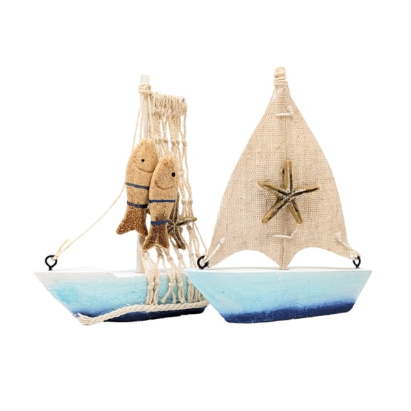 Wooden Sailboat Figurines Set of 2–Nautical Coastal Decoration with Ocean Colors, Rope, Starfish & Fish Accents–Beach Theme Gift for Ocean or Fishing Lovers, Housewarming, Bathroom or Cottage Display