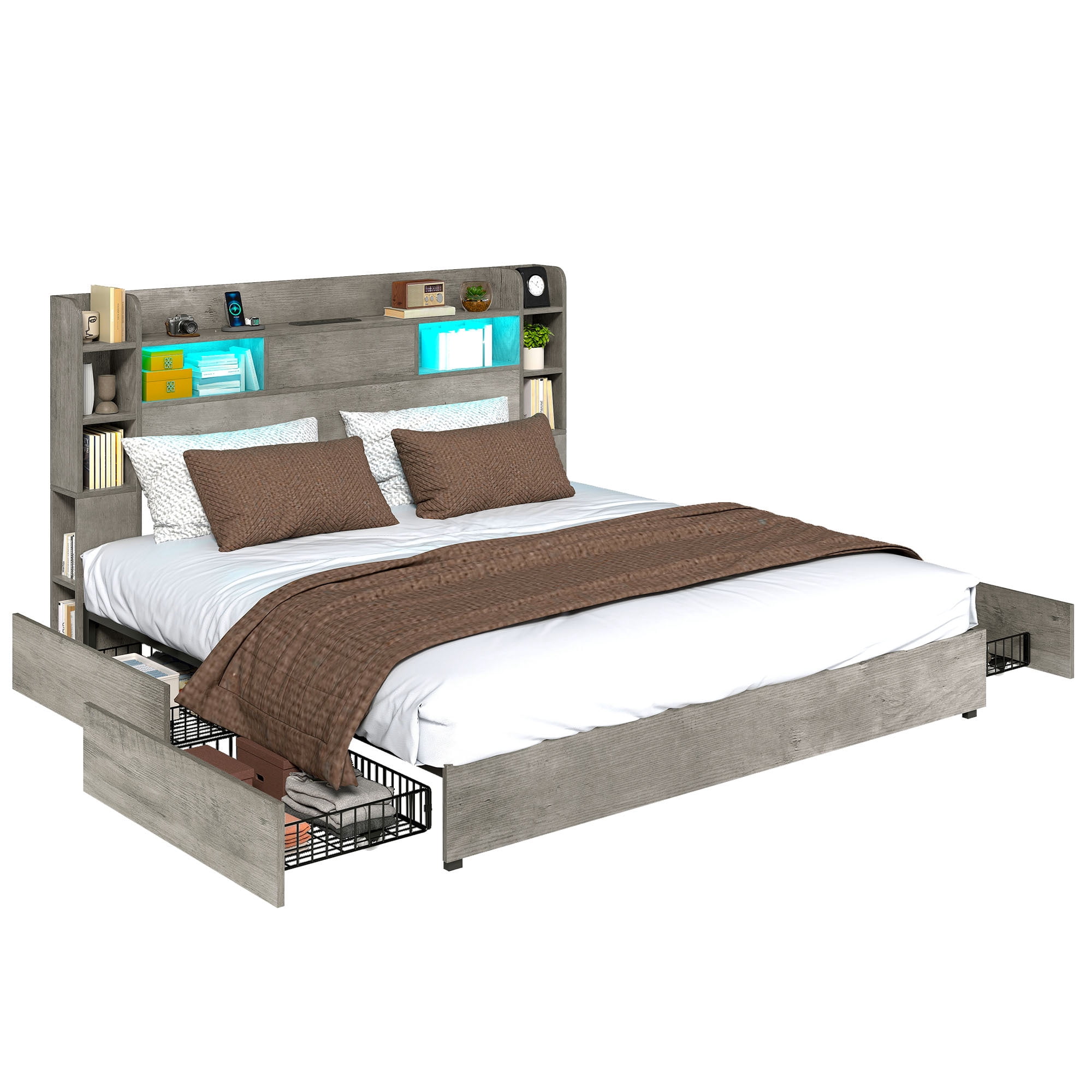 Uforic King Size Bed Frame with Bookcase Headboard, 4 Storage Drawers & RGB LED Lights (Grey, No Box Spring Needed)