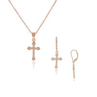 925 Sterling Silver Rose Gold-Tone CZ Religious Cross Pendant Dangle Drop Earrings Set, 18" and 1"