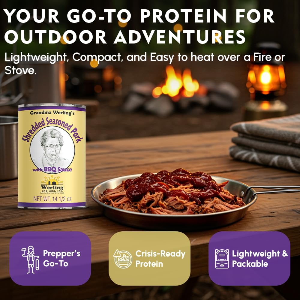 (Pack of 6) Grandma Werling’s Shredded Seasoned Pork with BBQ Sauce 14.5 Oz Fully Cooked Heat & Serve Premium Canned Meat Shelf Stable for Emergency Food Storage, Survival & Quick Meals Canned Food