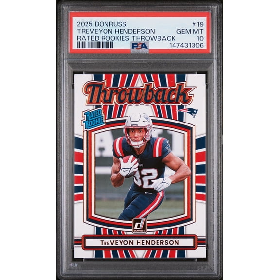 Collectible Graded 2025 Panini Donruss TreVeyon Henderson #19 Rated Rookies Throwback Rookie RC Football Card PSA 10 Gem Mint