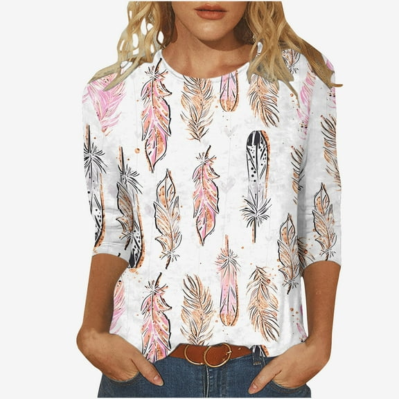 BangWanChi Shirts for Women Y2K Women Fashion Printed T-shirt 3/4 Sleeves Blouse Round Neck Casual Tops