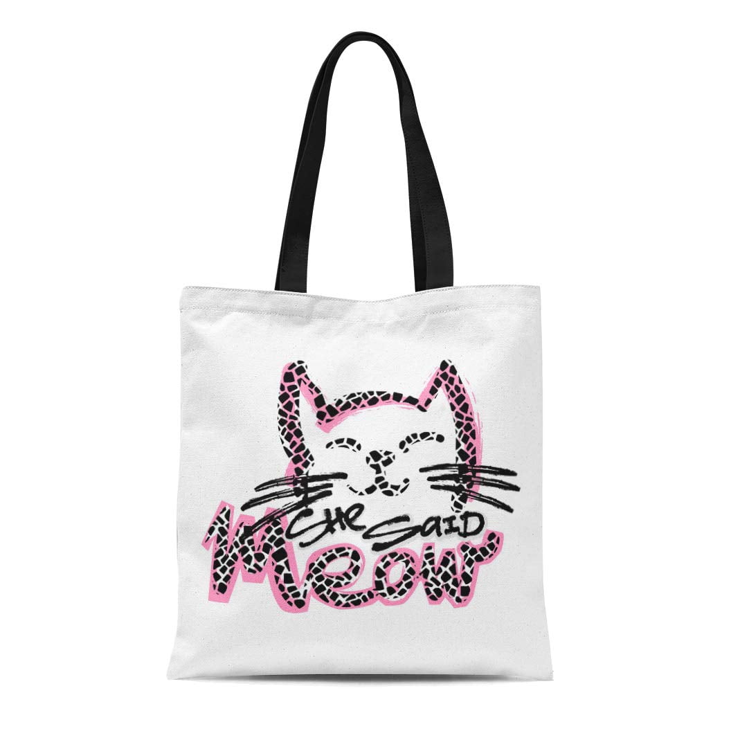 HATIART Canvas Tote Bag Pink Meow She Said Cat Lovers Cute Funky Hipster Durable Reusable Shopping Shoulder Grocery Bag Walmart