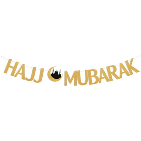 Hajj Mubarak Gold Glitter Banner with Crescent Mosque Islamic Hajj Pilgrimage Party Supplies