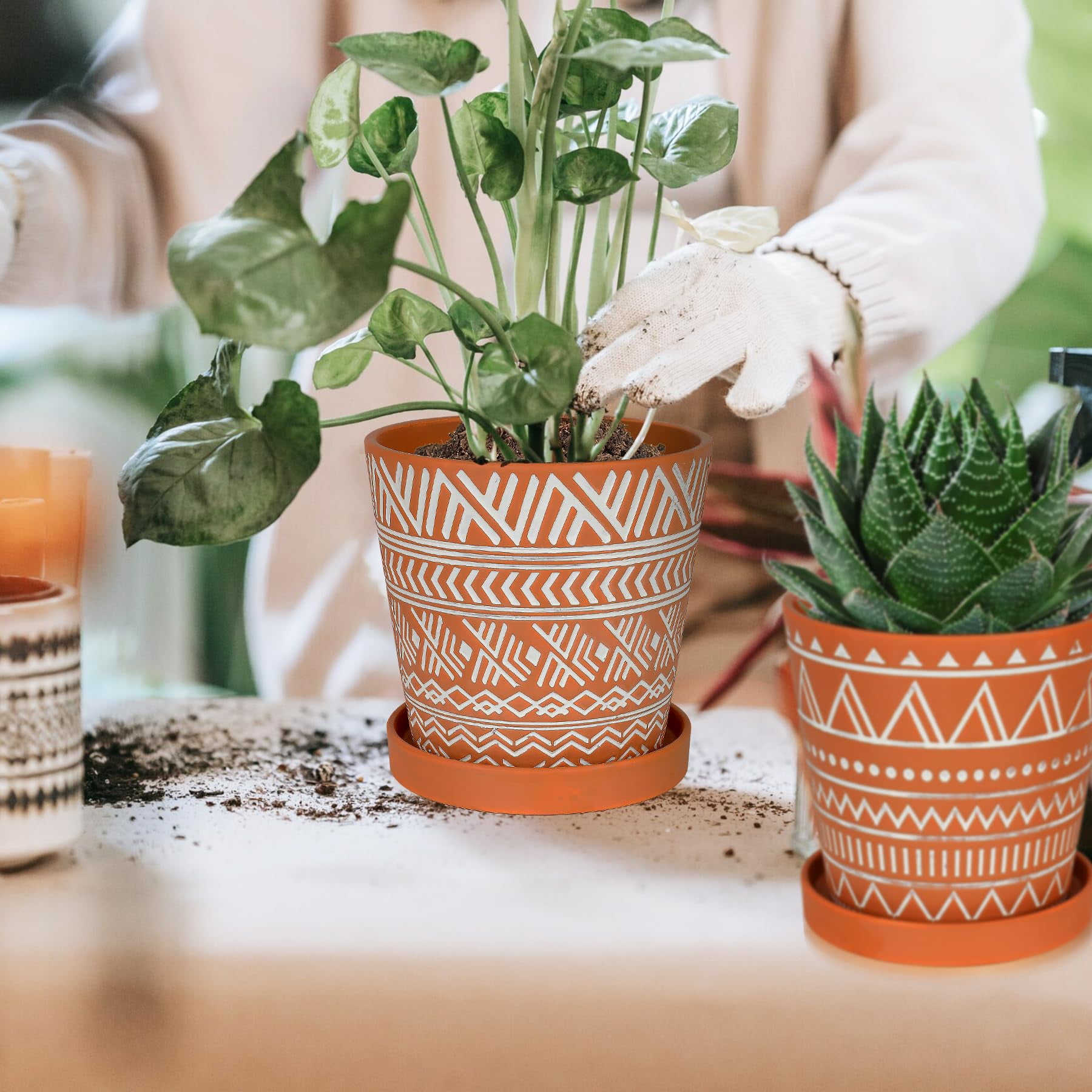 BUYMAX 6 inch Terracotta Pots with Drainage Hole & Saucer, Modern Geometric Planter Set of 2 in Terracotta Red- Boho Indoor Outdoor Flower Pots