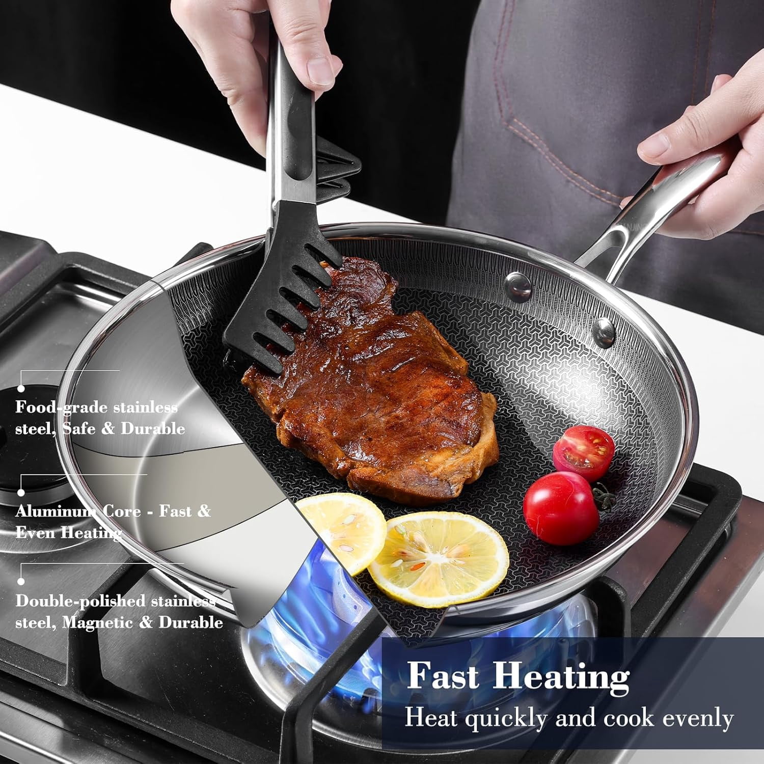 12 Inch Hybrid Non Stick Frying Pan Stainless Steel Skillet with Glass Lid PFOA-Free Cookware