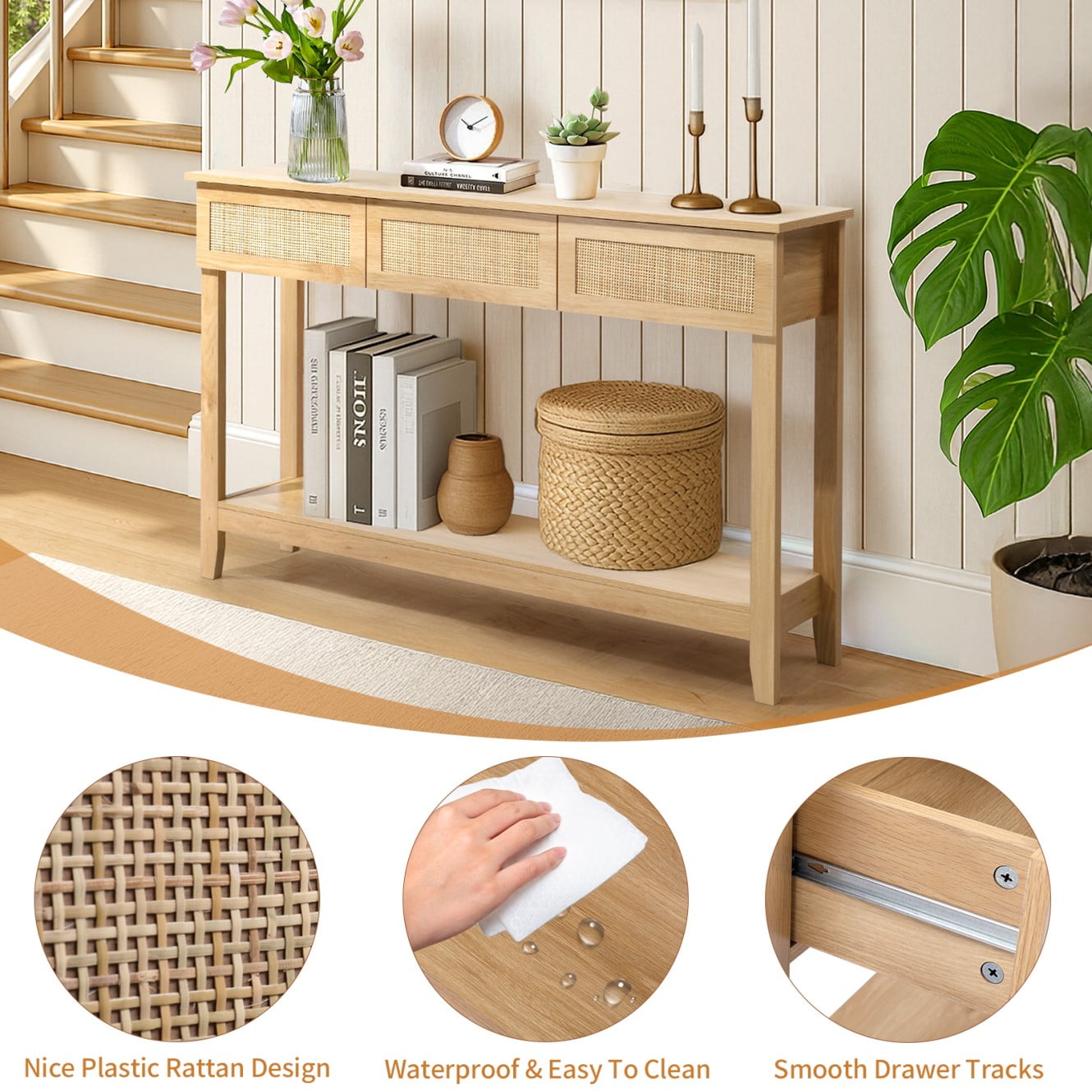 Tcbosik 51.2-Inch Boho Style Rattan Console Table with 3 Drawers & Open Shelf – Natural Wood Finish, Narrow Entryway Table for Hallway, Living Room, or Foyer