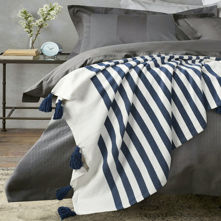 Ox Bay Woven Navy Blue/White Striped Cotton Throw Blanket
