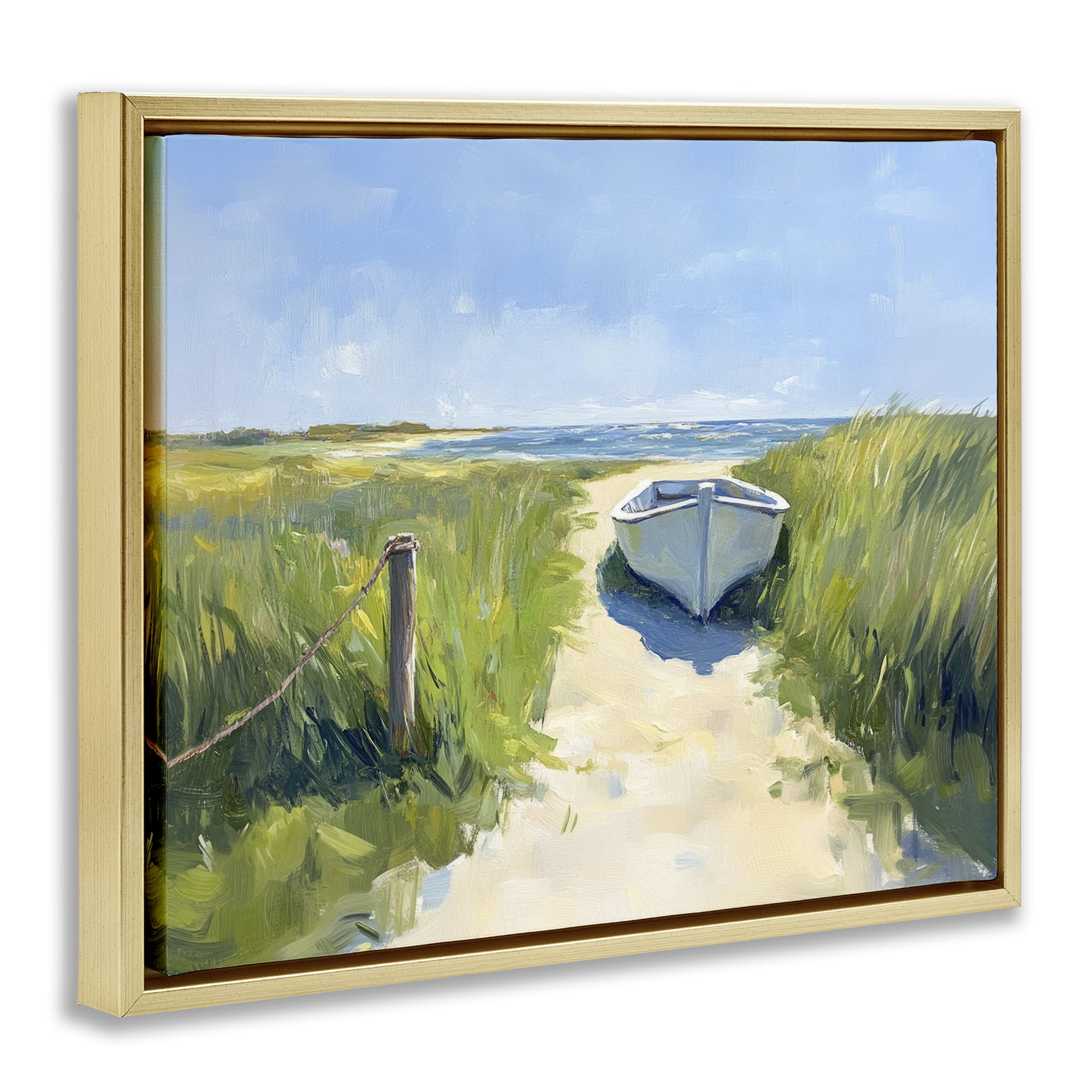 Stupell Industries Moored Boat on Path Gold Framed Floater Canvas Wall Art, design by Sisi and Seb