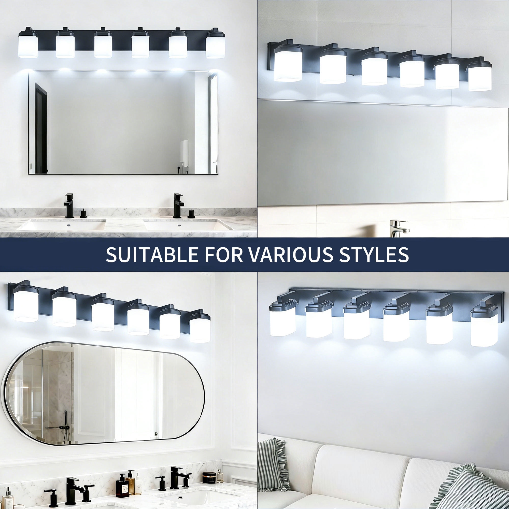 6-Light Black Vanity Lights, 43'' Modern Bathroom Vanity Lighting Fixtures for Mirror, Matte Bathroom Lighting Fixtures, Black Wall Sconces for Bedroom Living Room