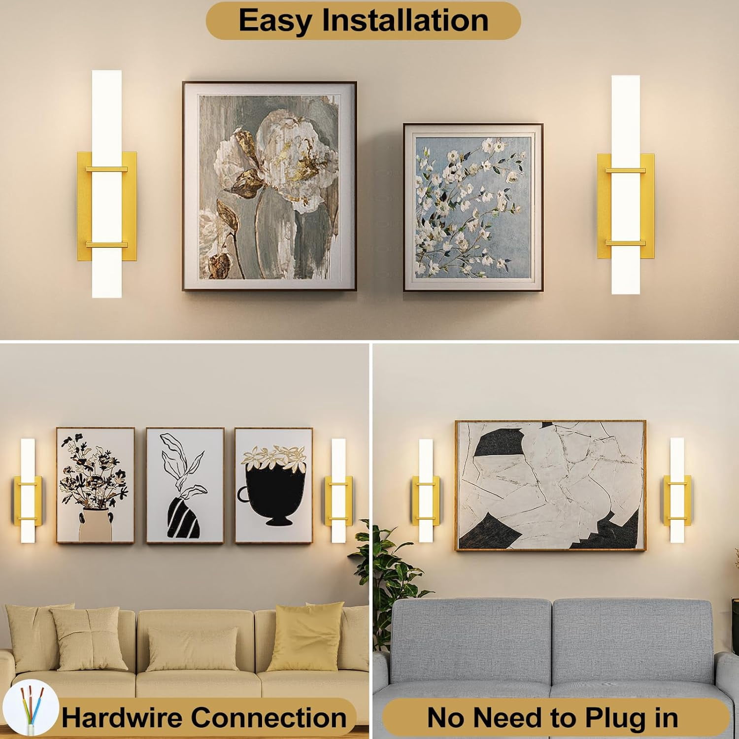 2-Pack Modern LED Wall Sconce Light Fixture, 17.6 in. Dimmable Gold Hardwired Bathroom Vanity Lights (Set of 2), Up/Down Acrylic Wall Lighting for Mirror, Hallway, Living Room Accent Decor