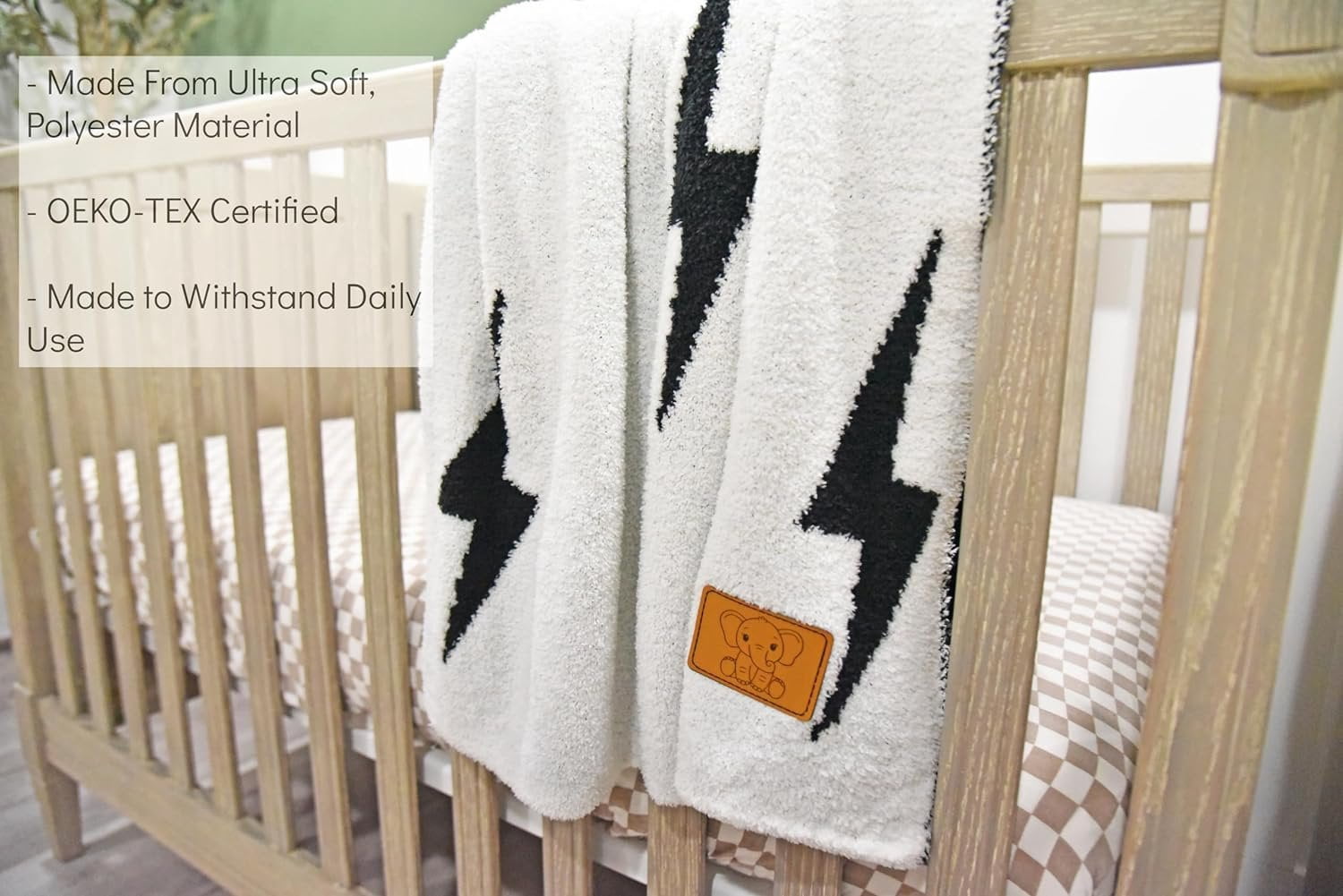 Lightning Bolt Baby Blanket 28"x40" with Leather Patch - Soft Knitted Throw - Receiving Blanket/Newborn Gift Essential for Nursery Black/White
