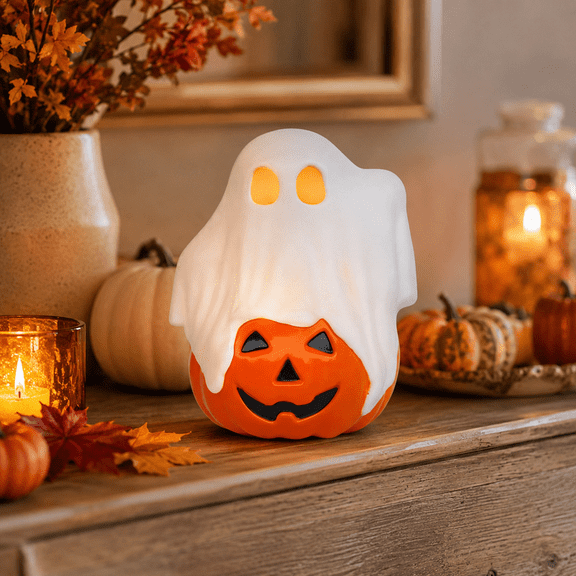 Ghost Pumpkin Halloween Night Light With Warm Led Glow Lighted Tabletop Decoration For Mantel Entryway Bedroom Desk And Indoor Fall Decor orange