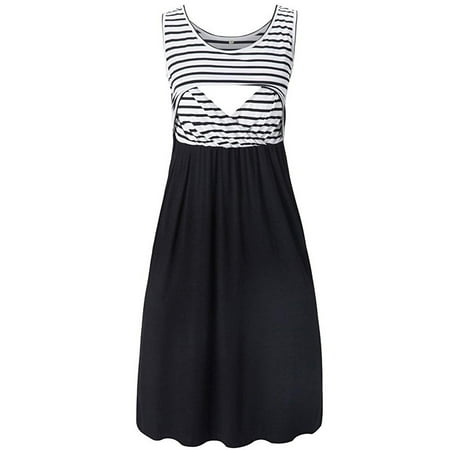

asdoklhq Maternity Clothes for Women Clearance Solid Stripe Breast-Feeding Pregnant Woman Maternity Nursing Dress