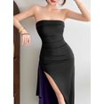 thumbnail image 3 of Womens Purple Strapless Ruched Long Dress Asymmetrical Side Slit Bodycon, 3 of 10