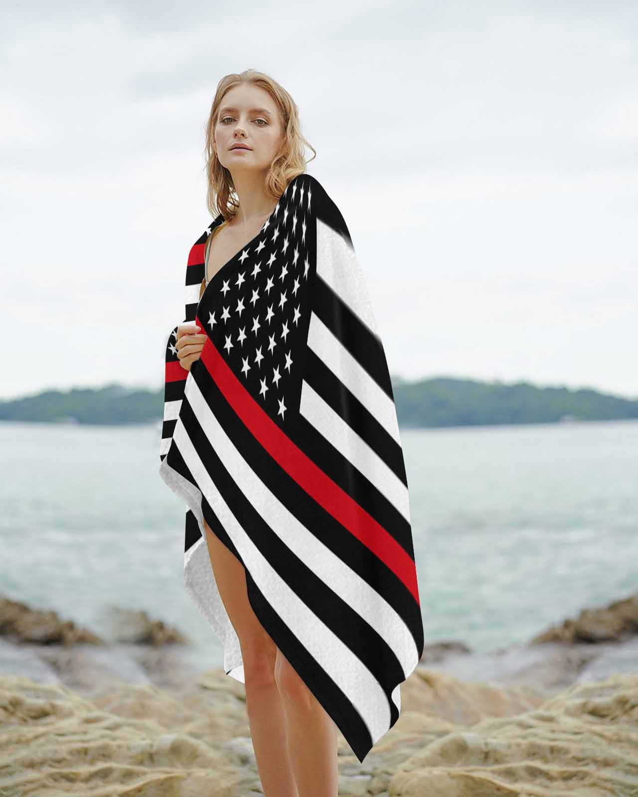Red American Flag Beach Towels Oversized Super Absorbent, Black White Striped US Flag Stars Lightweight Bath Towel Quick Dry Sets For Bathroom/Pool/Rv Camping/Beach Play/Gym Room/Picnic 23"x47"