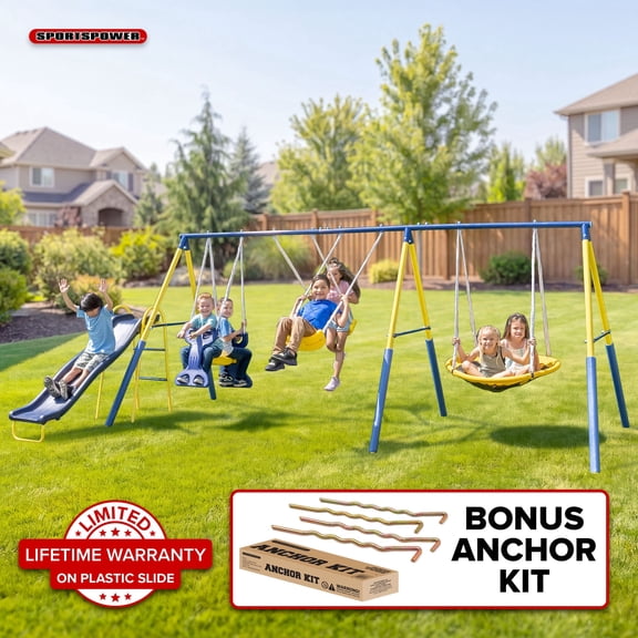 Sportspower Super Star 5-in-1 Metal Swing Set: 2 Swings, Flying Saucer, 2-Person Roman Glider, 6.5ft Slide with Lifetime Warranty; Great for Kids 3-8; Bonus Anchor Kit