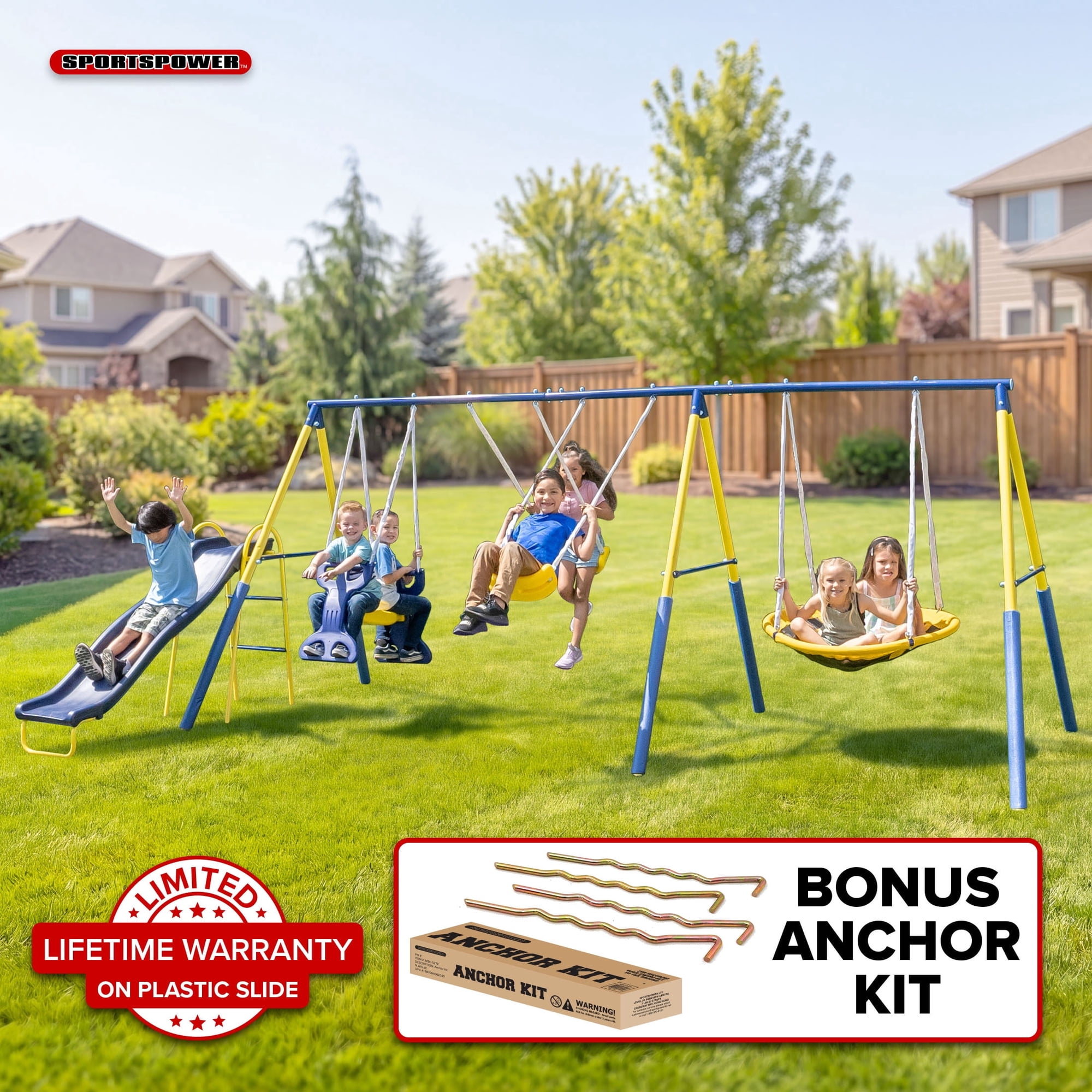 Sportspower Super Star 5-in-1 Metal Swing Set: 2 Swings, Flying Saucer, 2-Person Roman Glider, 6.5ft Slide with Lifetime Warranty; Great for Kids 3-8; Bonus Anchor Kit