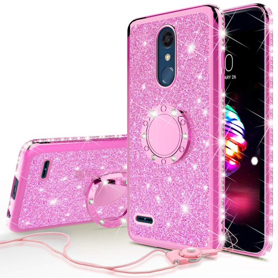Compatible for LG Stylo 5 Case, LG Stylo 5 Plus Case, LG Q Stylus Case, SOGA Glitter Diamond Rhinestone TPU Phone Cover with Ring Stand and Lanyard Girls Women Cover (Pink)