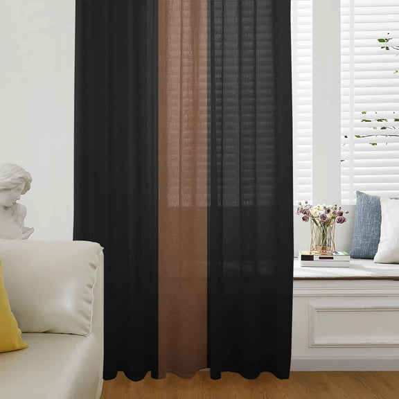 Black Brown Semi Sheer Curtains Drapes for Living Room, Bedroom, French Doors Window 108 Inches Long, Contemporary Boho Modern Art Rod Pocket Chiffon Curtain Drapery Voile Draperies Panel