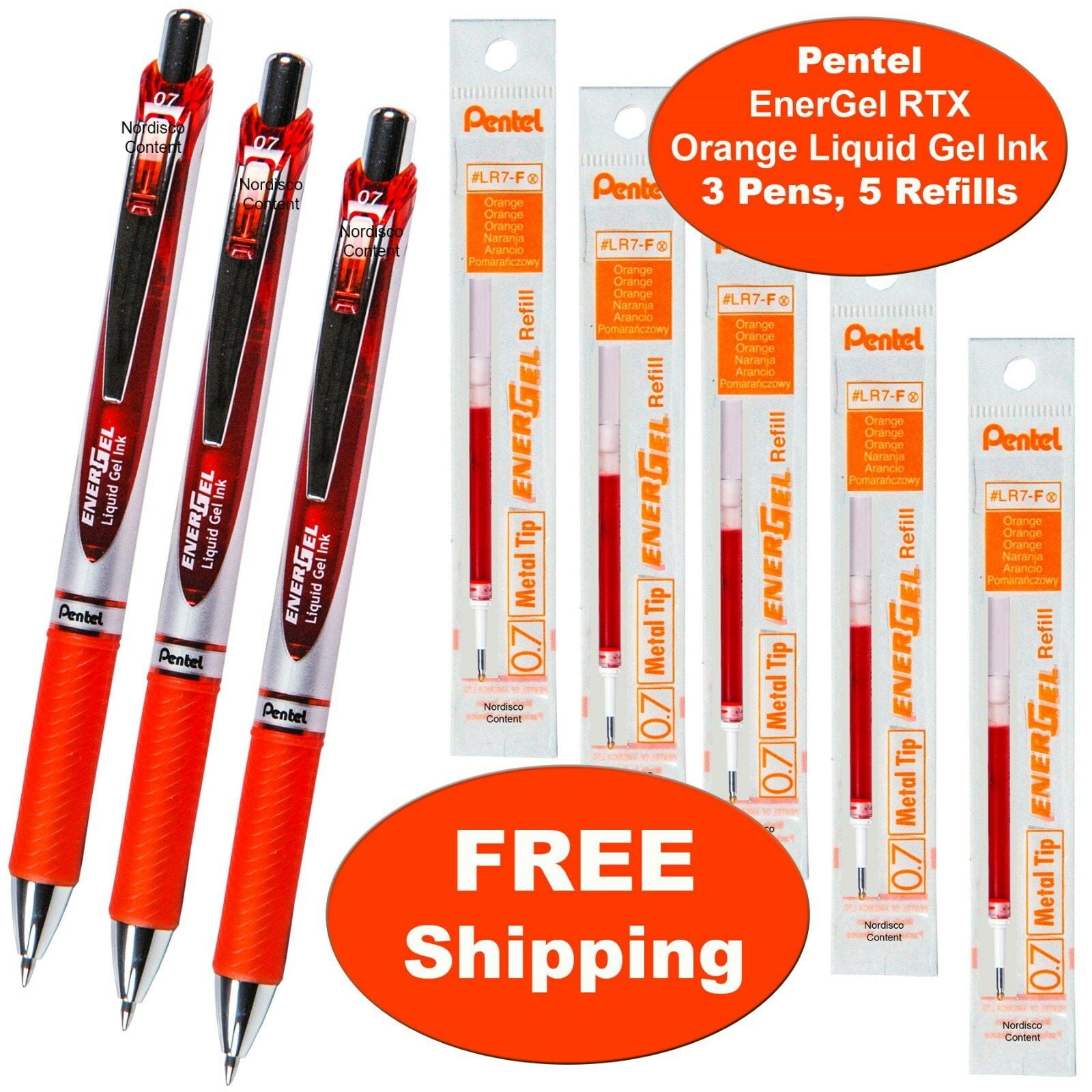 Pentel EnerGel RTX Orange Liquid Gel Ink, 0.7mm, 3 Pens with 5 Packs of