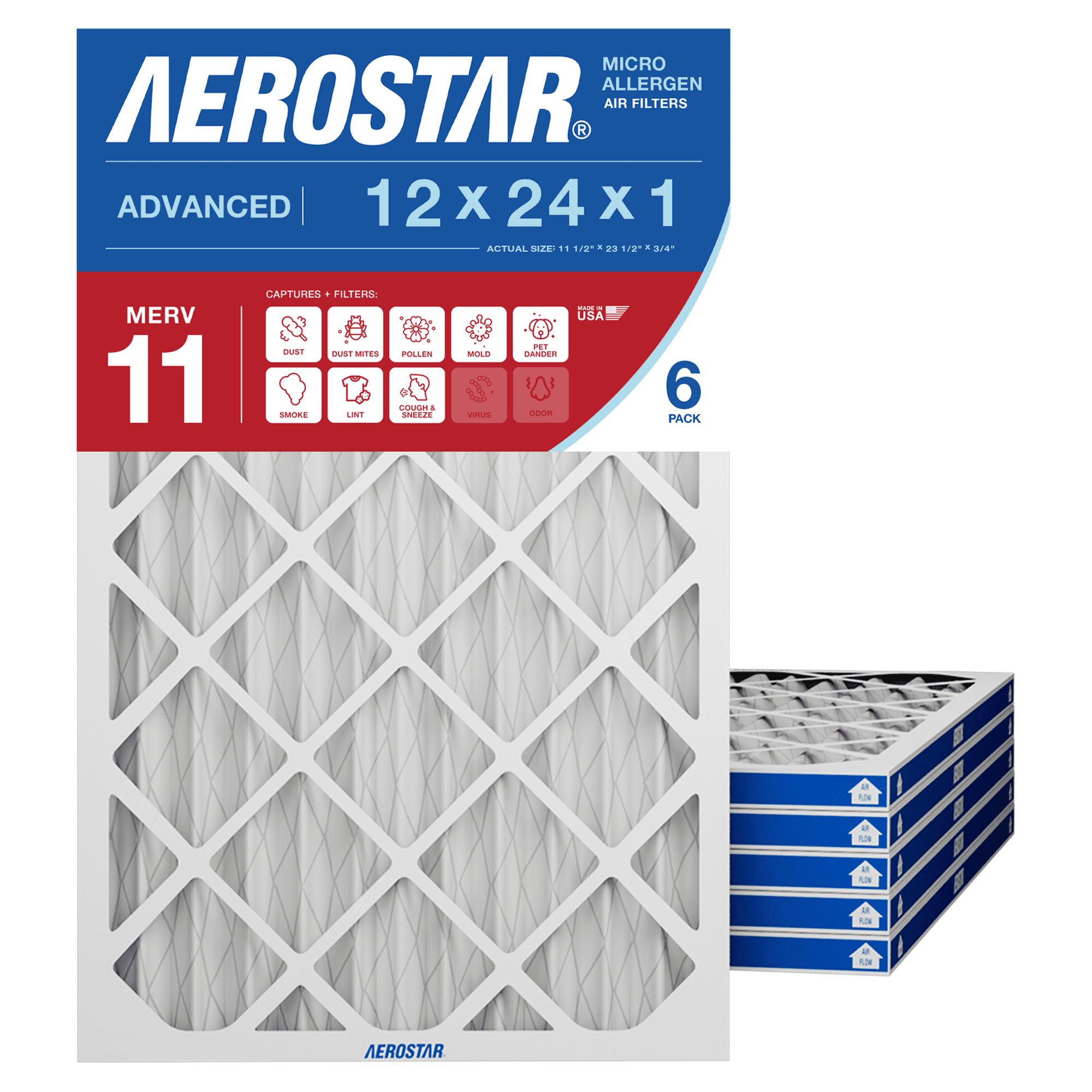 Aerostar 12x24x1 MERV 11 AC Furnace Air Filter, Pleated HVAC Filter, MPR 1000 FPR 7, Allergen Defense, 6-Pack, A