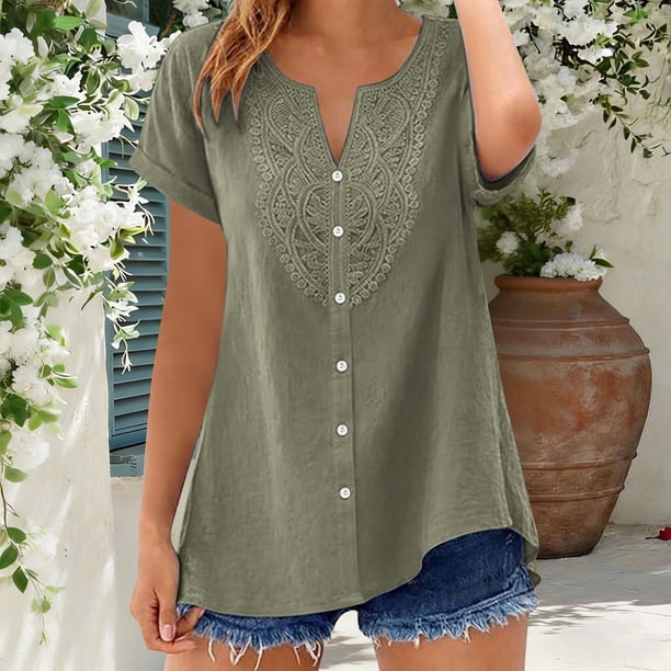 Craaazy Women's Relaxed Fit V Neck Blouse, Solid Color Short Sleeve Lace Trim Top, Loose Comfy Summer Tee for Work & Weekend Gifts