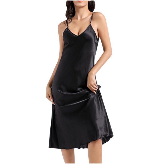 Nightgowns for Women New Women's Satin Nightgown V Neck Sleepshirt Spaghetti Strap Full Slip Nightdress Long Chemise Sleepwear Black XL