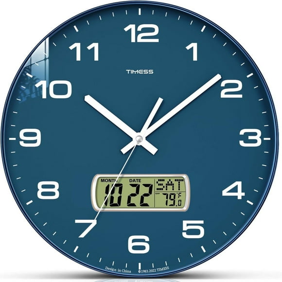 TIMESS 12" Reloj de Pared Analógico con Pantalla de Fecha, Reloj Moderno a Batería para Sala de Estar (Azul)