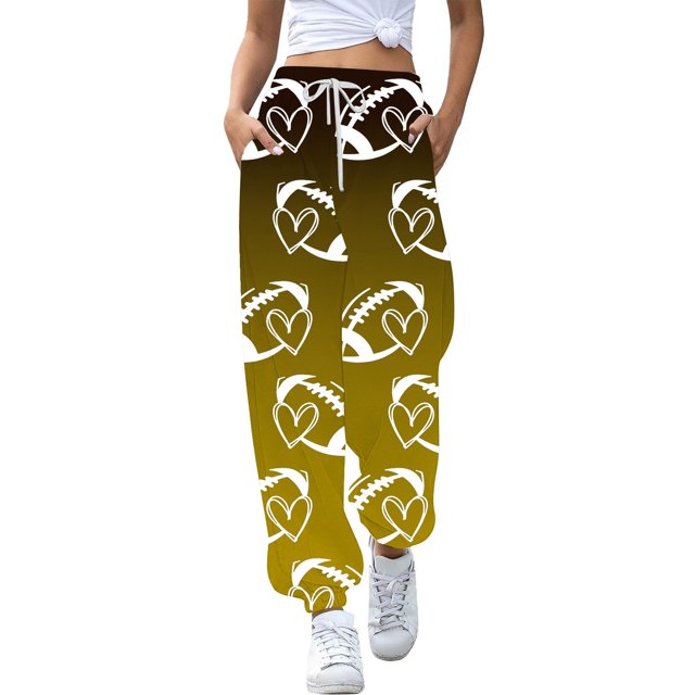 Ladies Pants Casual Rugby Festival Suitable Printed Bottom Tracksuit Pocket High Waisted Jogging High Waisted Pants Yellow M