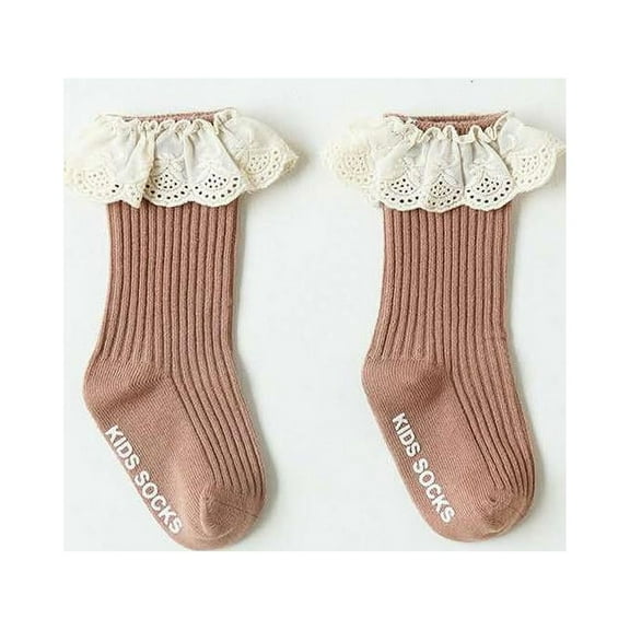 Baby Girls Mauve Pink Knee High Socks with Eyelet Lace Trim 0-1 Years