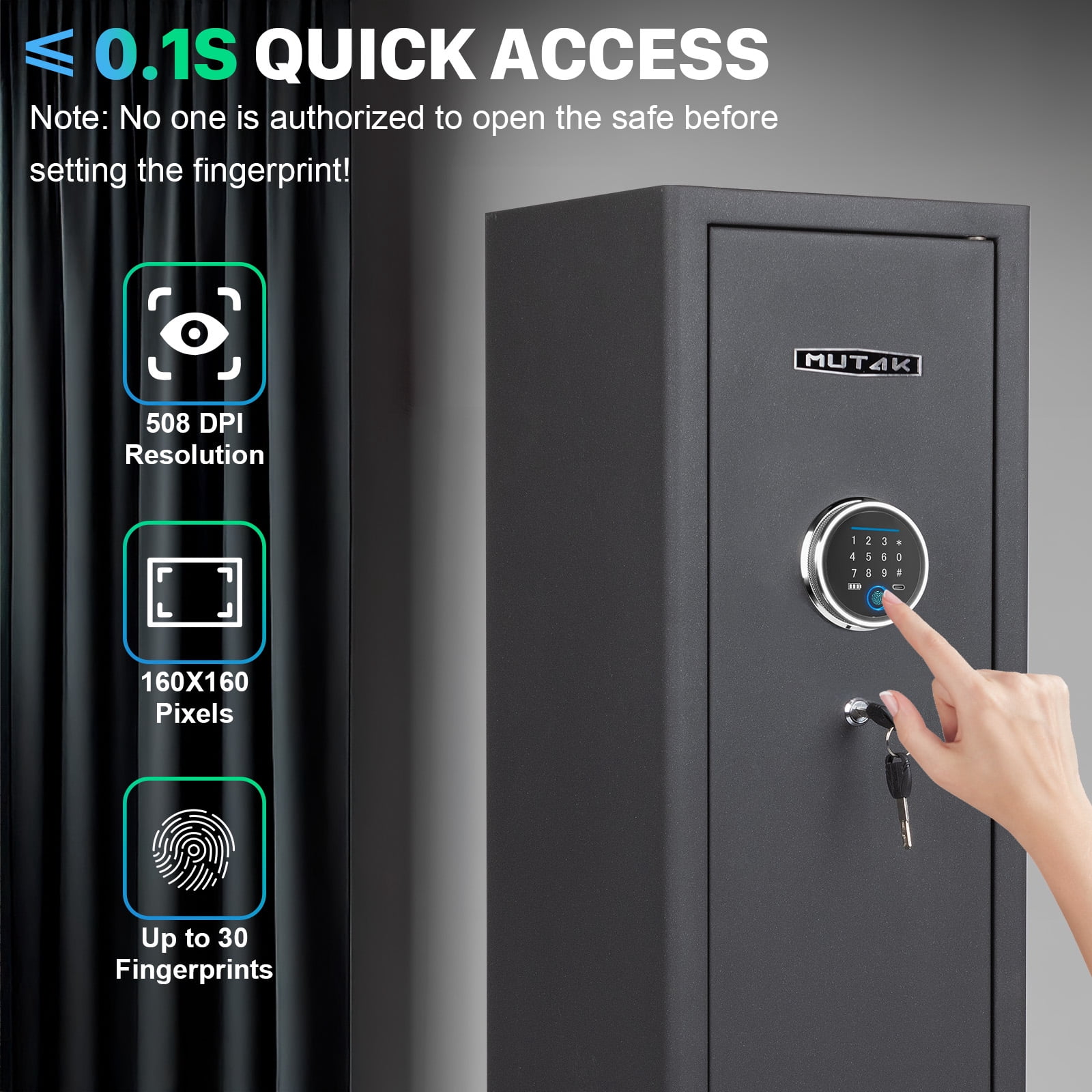 Mutak 4-5 Compact Fireproof  Safes, Quick Access Fingerprint Gun Safe, Cabinet with Keypad & Mute Mode, Long Gun Safe with Adjustable Gun Support, Removable Shelf