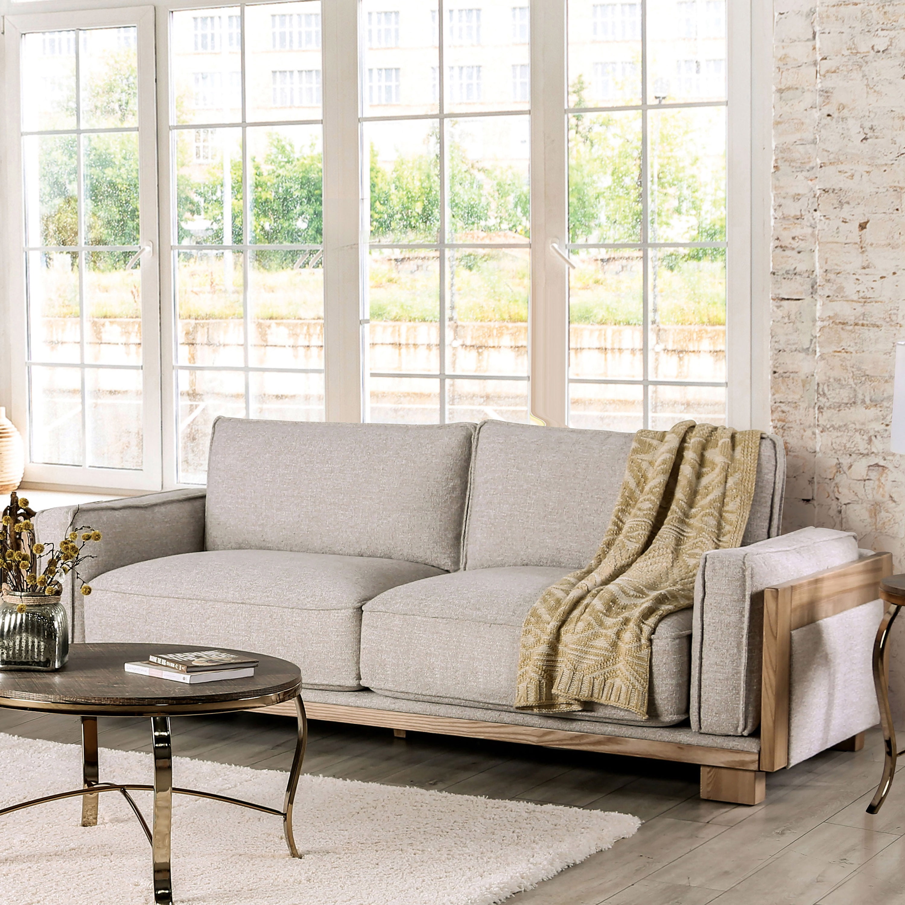Furniture of America Gulver Modern Adult Upholstered Fabric Sofa, Light Brown and Natural