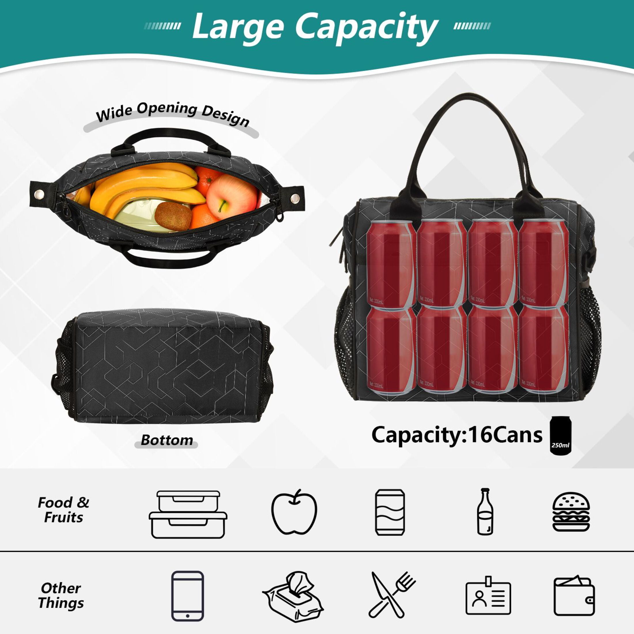 Lunch Bag Insulated Lunch Box Leakproof Reusable Cooler Tote Adjustable Shoulder Strap for Men Women Black Simple Geometric Lines 9L