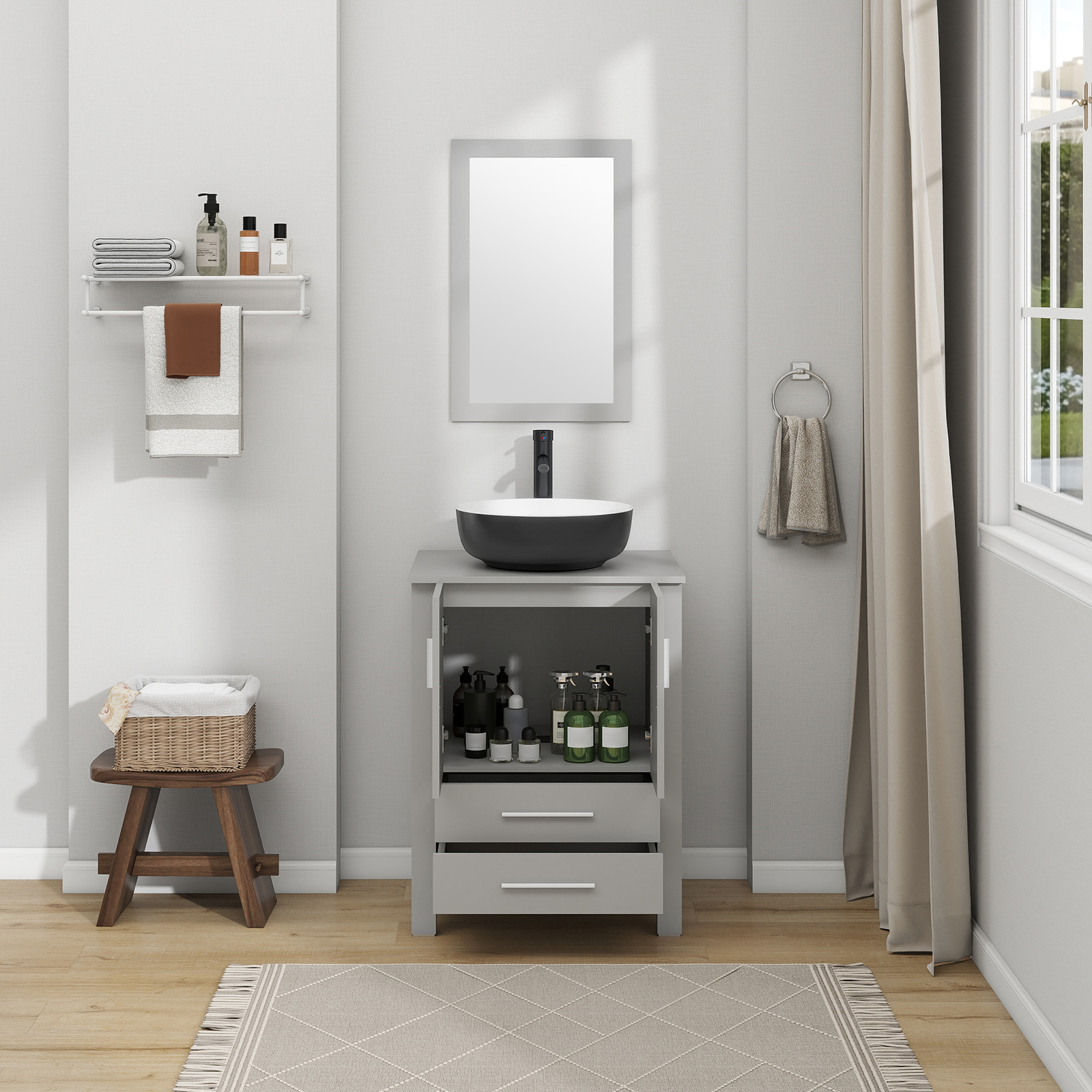 ELECWISH 24-Inch Bathroom Vanity in Gray with Mirror and Round Sink Set, Modern Stand Pedestal Cabinet with White/Black Ceramic Sink Set
