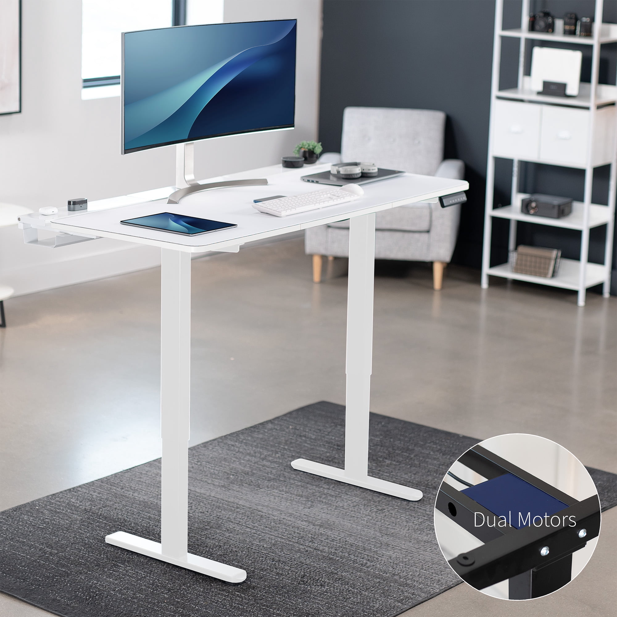 VIVO Electric 60" x 30" Desk, Full Pad, White Hidden Cable Tabletop, White Frame