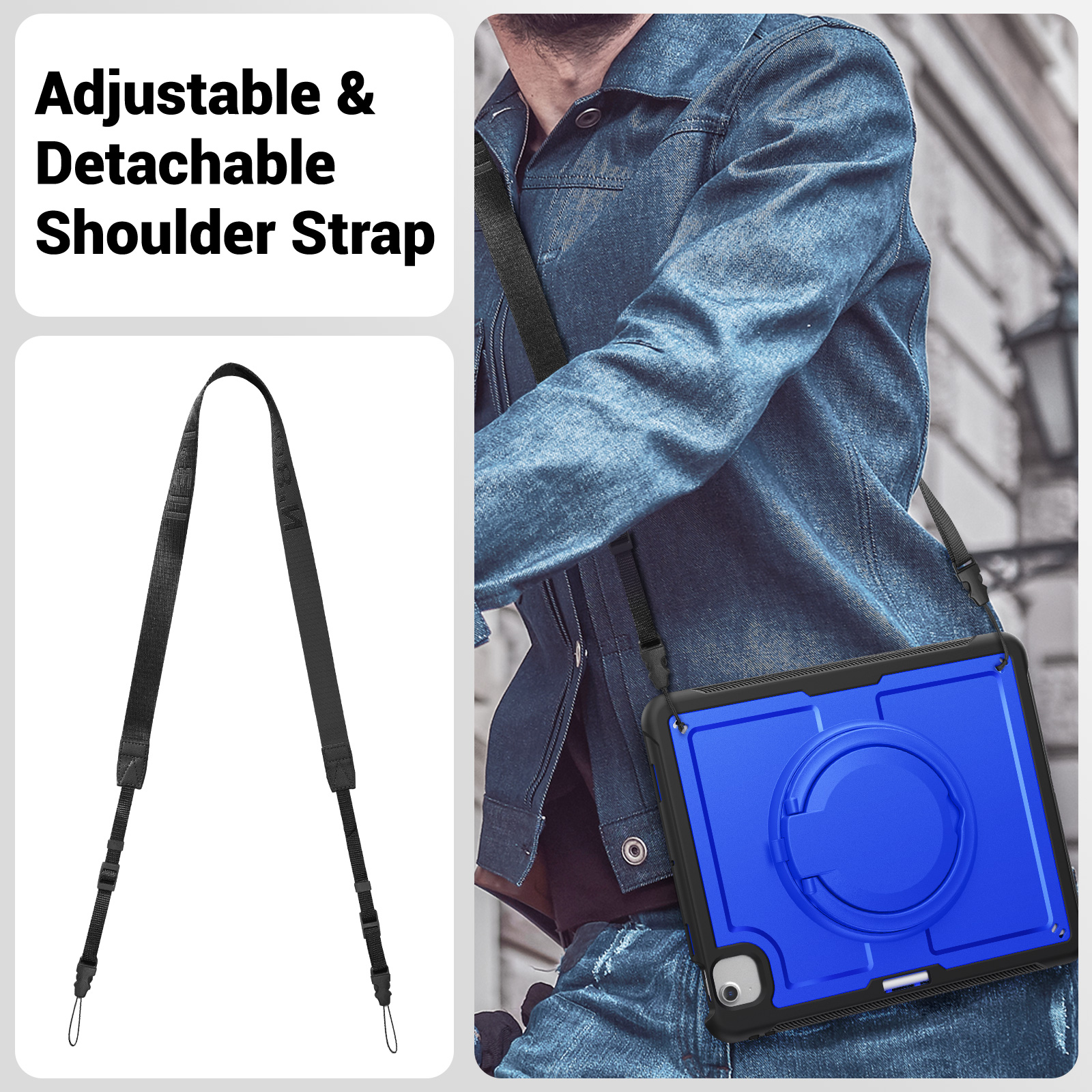 Shockproof Case for Apple iPad Air 13 Inch 2024 M2, Rugged Hybrid Protective Cover with Pencil Holder & Shoulder Strap Kids Friendly Rotating Kickstand Case for iPad Air 13" 2024, Darkblue