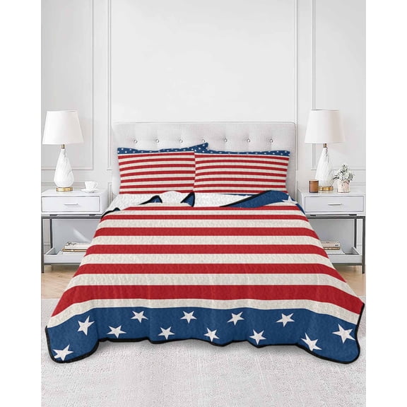 Twin Quilt Bedding Set Patriotic USA Star Stripes Flag Summer Quilt Lightweight Quilted Coverlet with 2 Pillow Shams, Blue Red White 3-Piece Bedspread Quilt Set for All Season