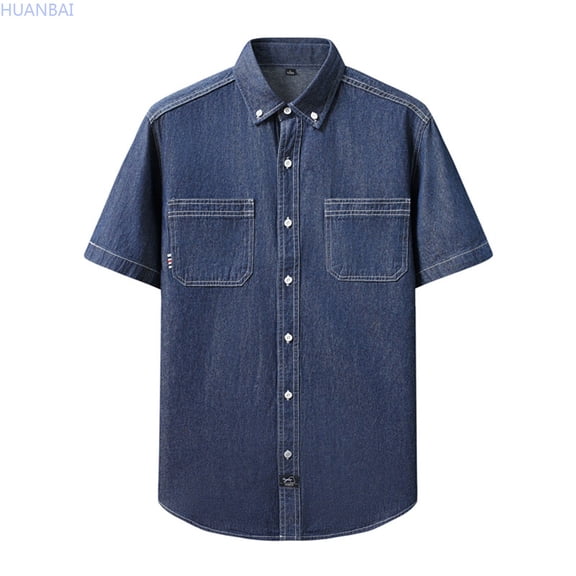 HUANBAI Men's Summer Lapel Pocket Solid Color Washed Denim Short Sleeve Shirt