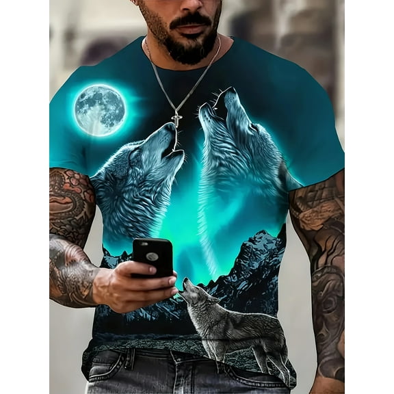 Men's 3D Wolf Printed T-Shirt - Casual Short Sleeve, Breathable Polyester Blend, Perfect Choice for Summer Outdoor Activities