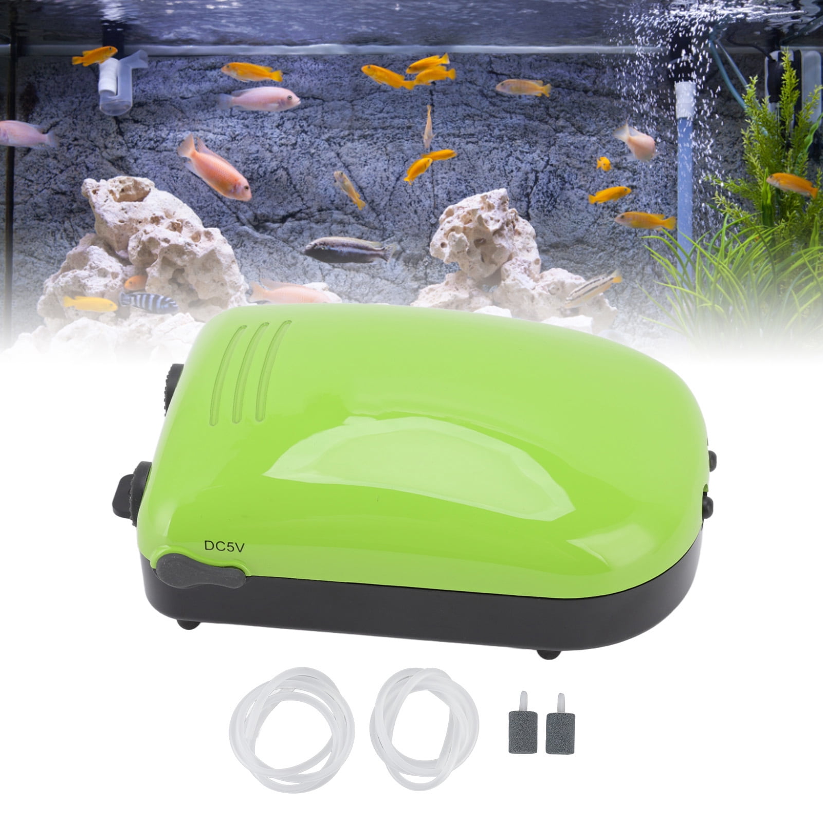 BIMZUC Quiet Rechargeable Aquarium Air Pump with 2 Outlets, Mini Portable Fish Tank Bubbler for Home and Outdoor Fishing, Built-in Battery Aerator (5.51 in / 14 cm)