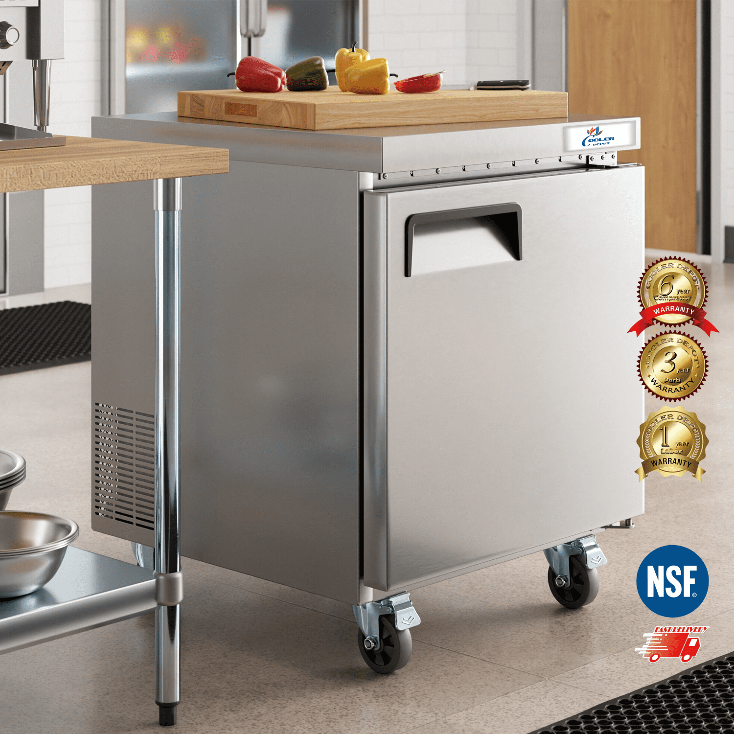 27 inch 6.3 cu.ft, 35 1/2" heigh Commercial Undercounter  refrigerator, Solid Doors, stainless steel exterior, NSF certified.