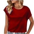 thumbnail image 2 of Womens T Shirts Short Sleeve Crewneck Loose Summer Tees Basic Tops Women's Casual Solid Color Short-Sleeved Crew-Neck Top,Wine,2XL, 2 of 5