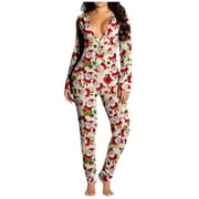IROINID Clearance under 5$ Women's Butt Button Back Flap Jumpsuit V Neck Long Sleeve Romper Bodycon Pajamas Onesies D-red
