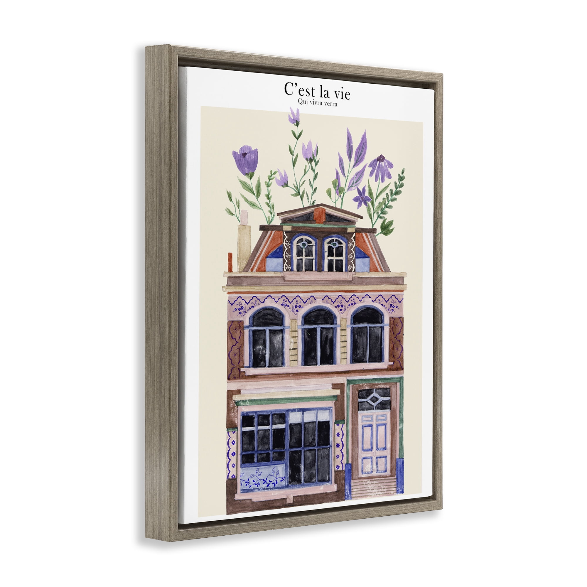 Stupell Industries Town Architecture with Blooms Buildings & Architecture Painting Brown Floater Framed Canvas Art Print Wall Art, 17 x 21