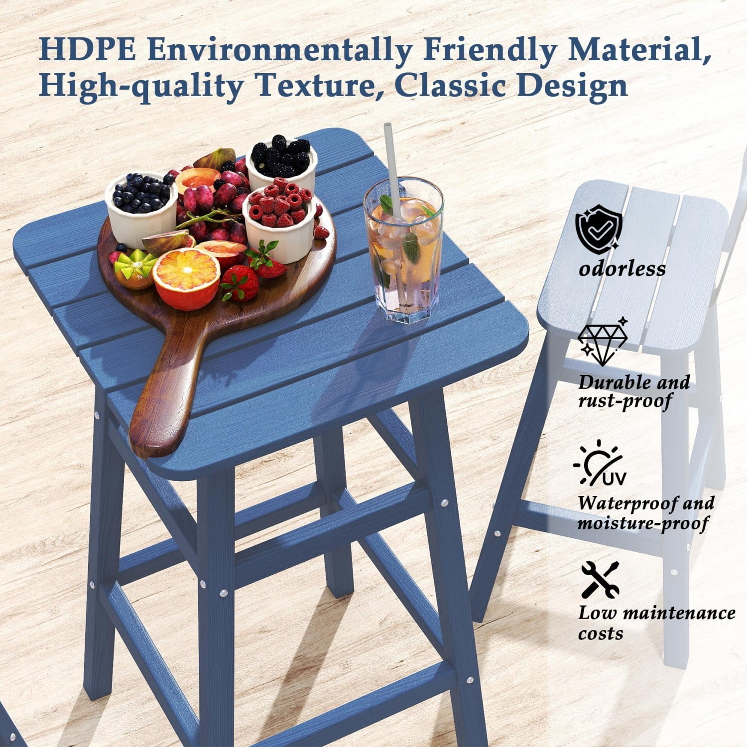 3 Piece Outdoor Counter Height Bar Table Set, 42" Bistro Pub Table with 2 Stools, HDPE Weather Resistant Patio Furniture Set, Navy Blue