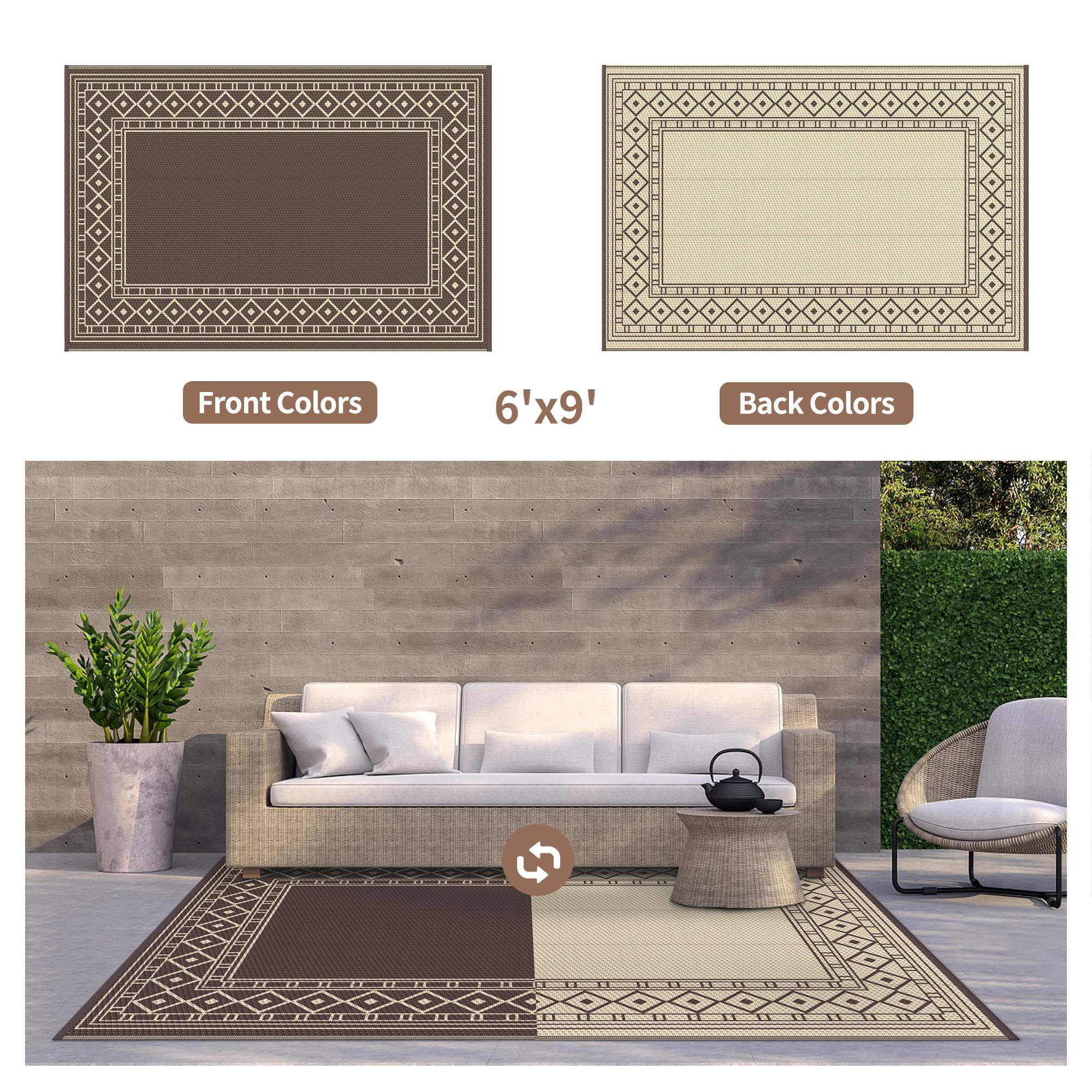 DEORAB 6'x9' Outdoor Rugs Waterproof Patio Reversible Plastic Carpet Camping Outside Mat,Coffee & Brown