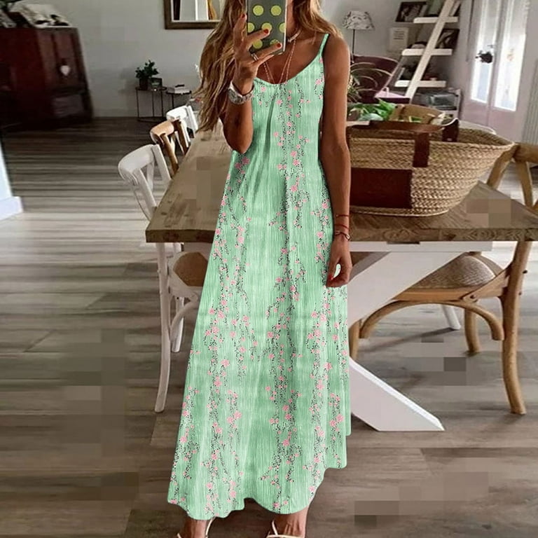 UPPADA Womens Summer V Neck Dress Spaghetti Strap Maxi Dress Vintage Floral  Print Loose Fit Dress Pleated Boho Beach Sundress Ladies Dresses  Multicolor,L - Walmart.com